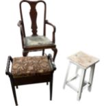 Antique piano stool, chair and table