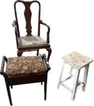 Antique piano stool, chair and table