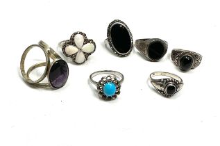 selection of 7 vintage silver stone set rings inc blue john amber etc weight 30g