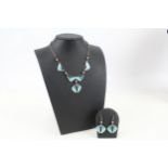 A silver Art Nouveau style enamel necklace and earring set by Malcom Gray (24g)