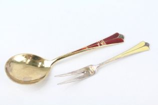 2 x .925 sterling david anderson guilloche enamel spoon & salad fork