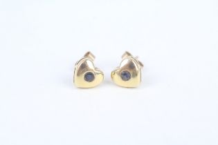 9ct gold sapphire heart shaped stud earrings with scroll backs