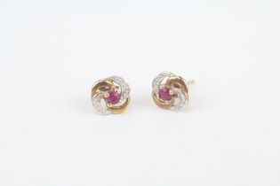 9ct gold ruby stud earrings with scroll backs