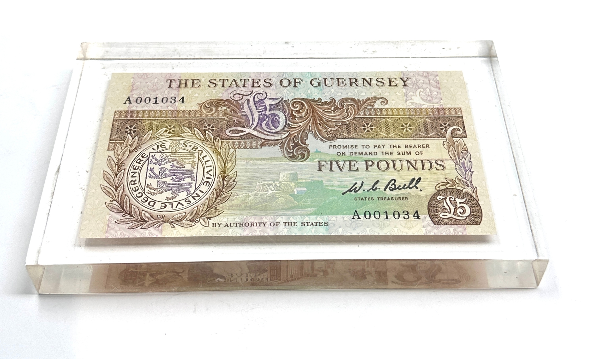 1980 Guernsey £5 Pounds A001034 | UNC | W C Bull | low Serial Number slabbed