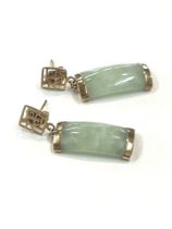 9ct gold jade with chinese symbols drop earrings with scrolls backs