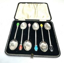 Boxed set of silver & enamel tea spoons birmingham silver hallmarks all in good condition