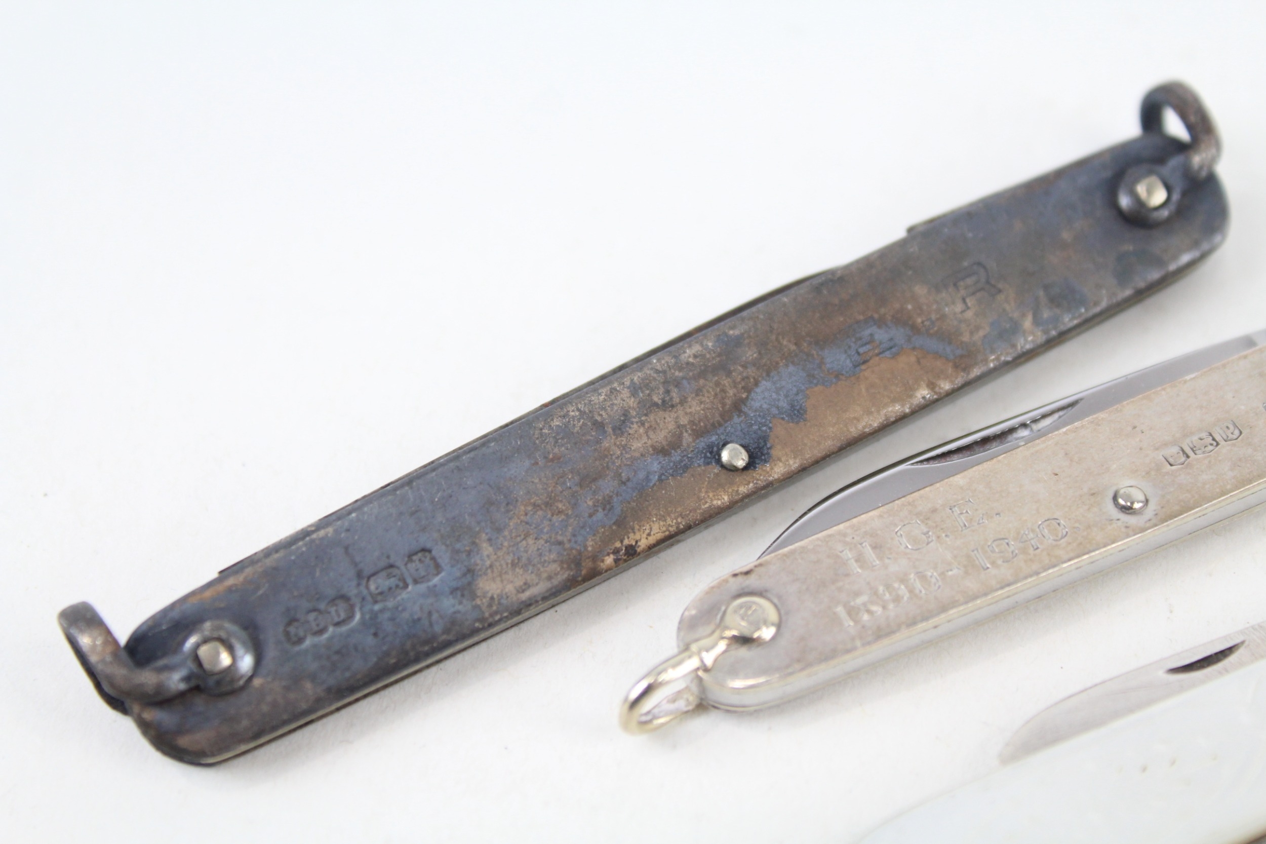 4 x antique / vintage .925 sterling silver knives inc mop, fruit etc - Image 2 of 4
