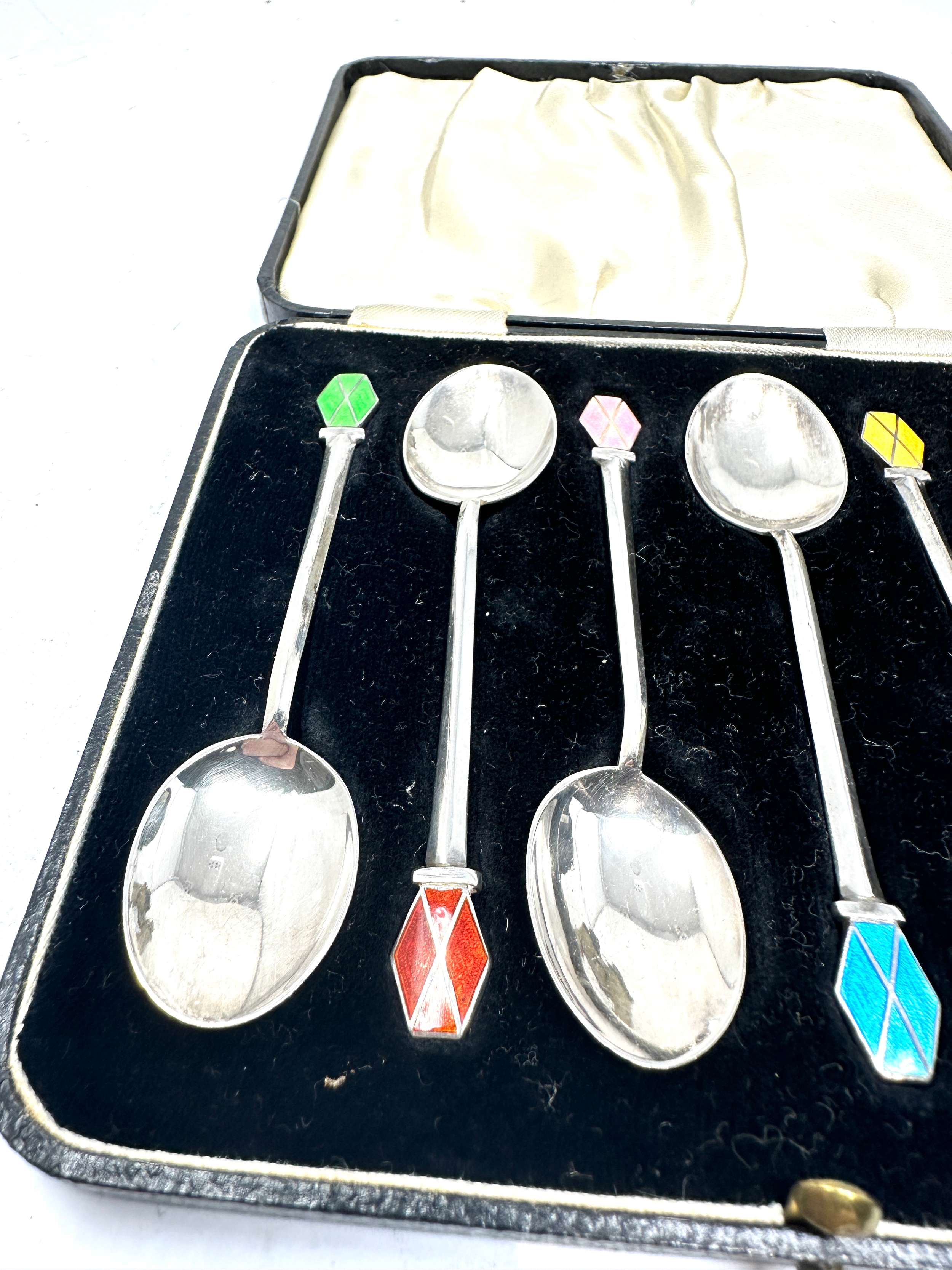 Boxed set of silver & enamel tea spoons birmingham silver hallmarks all in good condition - Image 2 of 4