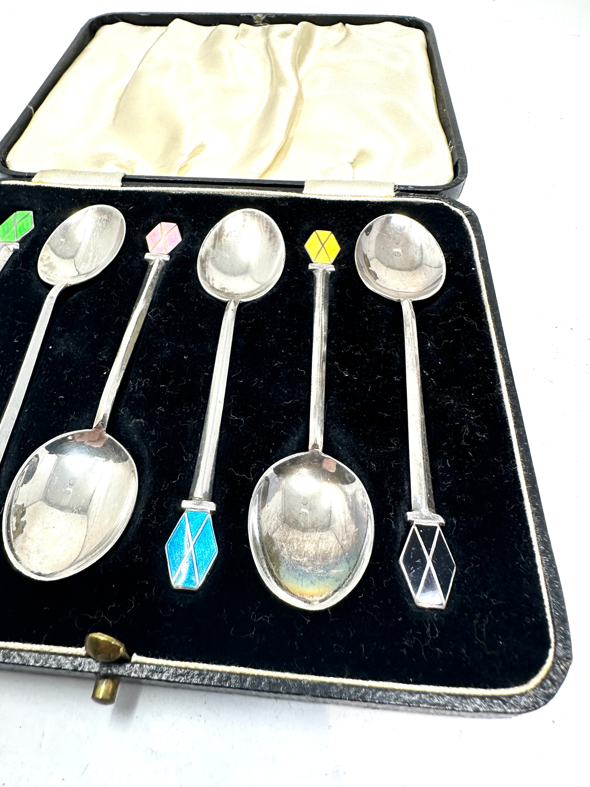 Boxed set of silver & enamel tea spoons birmingham silver hallmarks all in good condition - Image 3 of 4