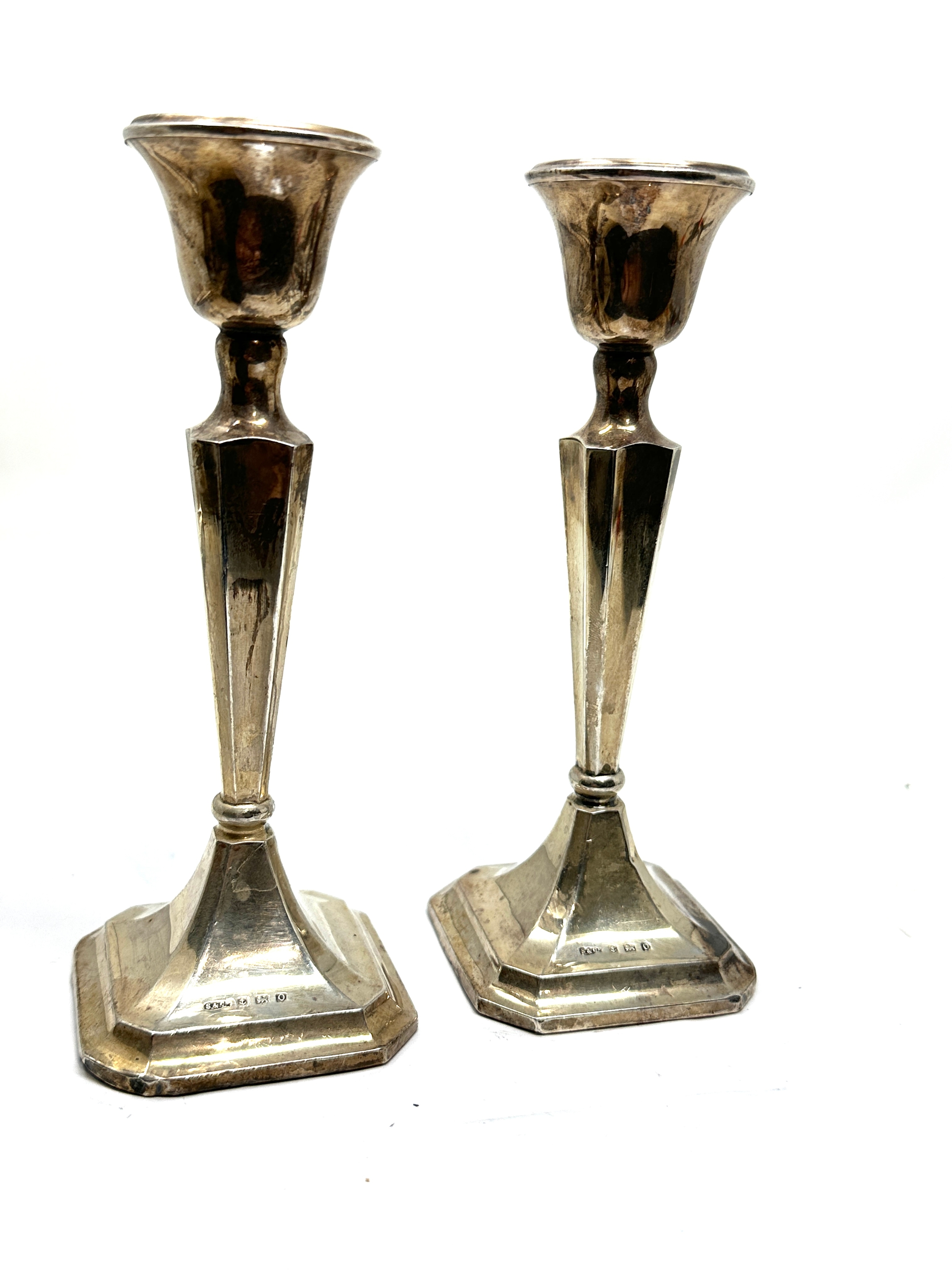 Pair silver candlesticks birmingham silver hallmarks 1938 measure approx height 15cm - Image 2 of 4
