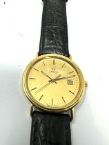 18ct gold Omega quartz Gents wristwatch omega leather strap the watch is ticking