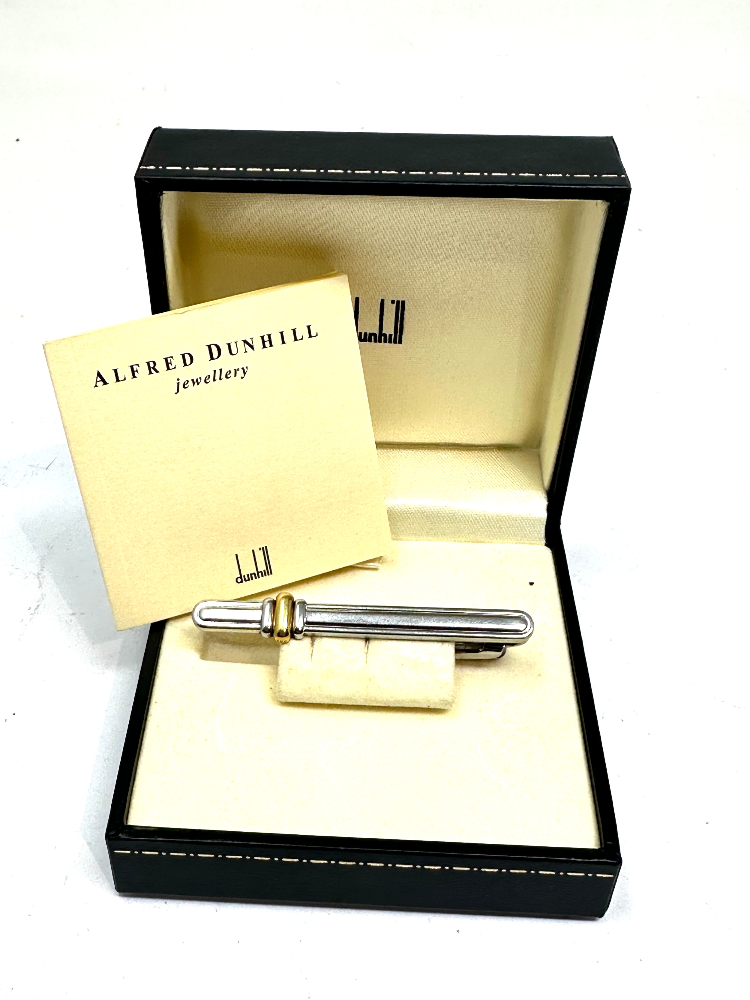 Boxed Dunhill tie clip set with solid 18ct gold detail