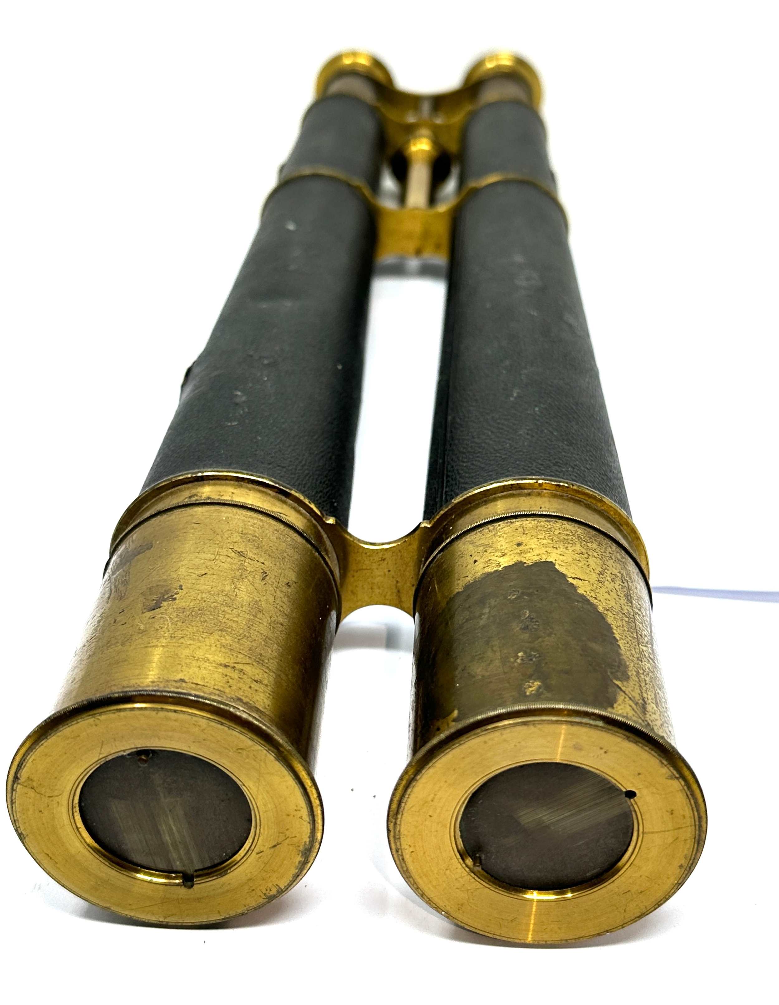 Large antique brass & leather binoculars measure approx 45cm long - Image 4 of 5