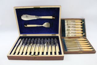Vintage Cutlery Sets EPNS FishSets Ivorine Wooden Canteen w/ Fish Engraving x2