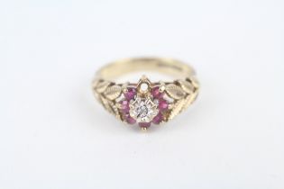 9ct gold vintage ruby & diamond cluster ring with foliate patterned shoulders (as seen)