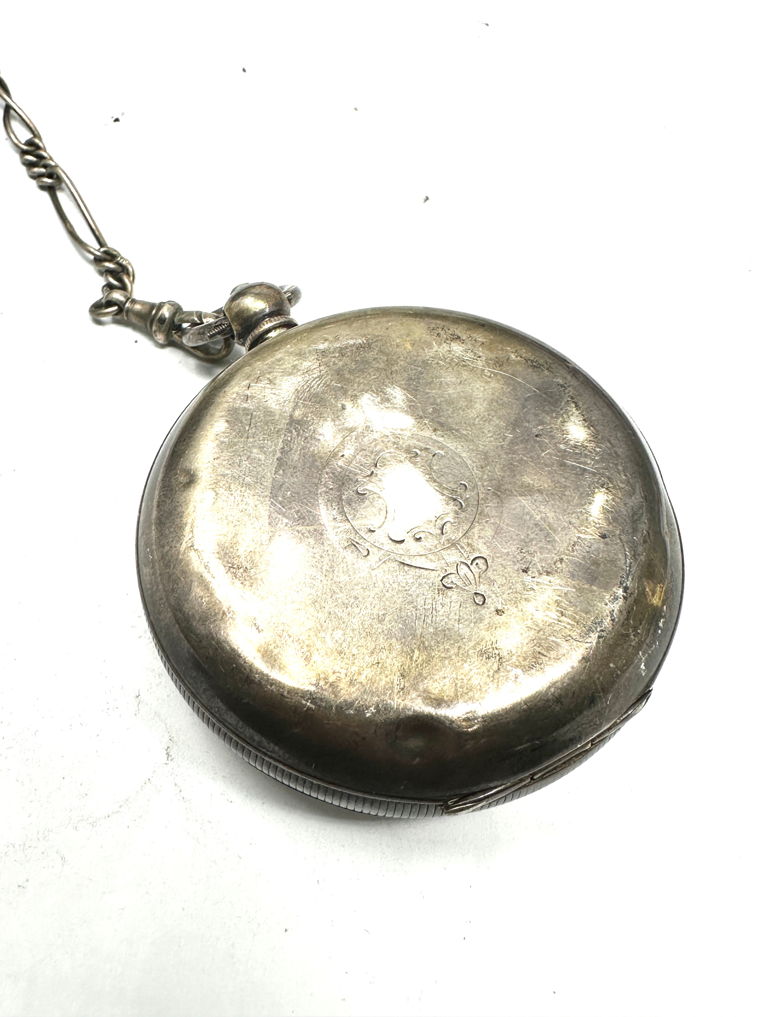 Antique silver open face pocket watch the watch is ticking with silver watch chain no t-bar - Image 2 of 3