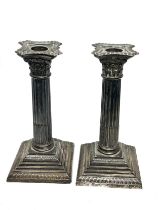 Pair of victorian silver corinthian column candlesticks sheffield silver hallmarks measure approx