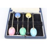 5 x .925 sterling guilloche enamel coffee bean spoons cased