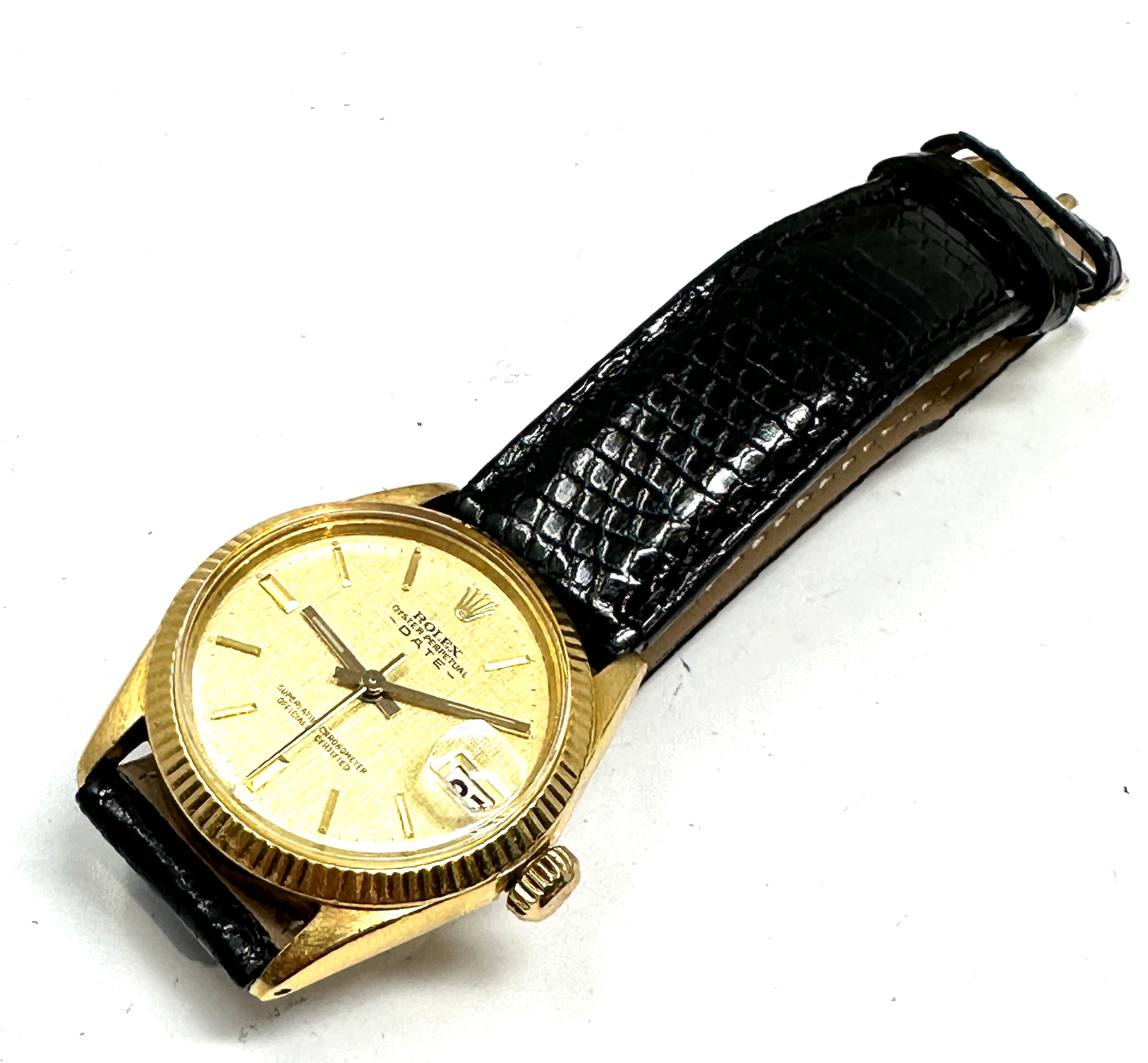 Boxed 18ct gold ladies rolex oyster perpetual date chronometer with black leather strap with 18ct - Image 2 of 6