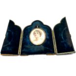 Antique leather easel framed miniature painting painting measures approx 8cm drop by 6cm wide in a