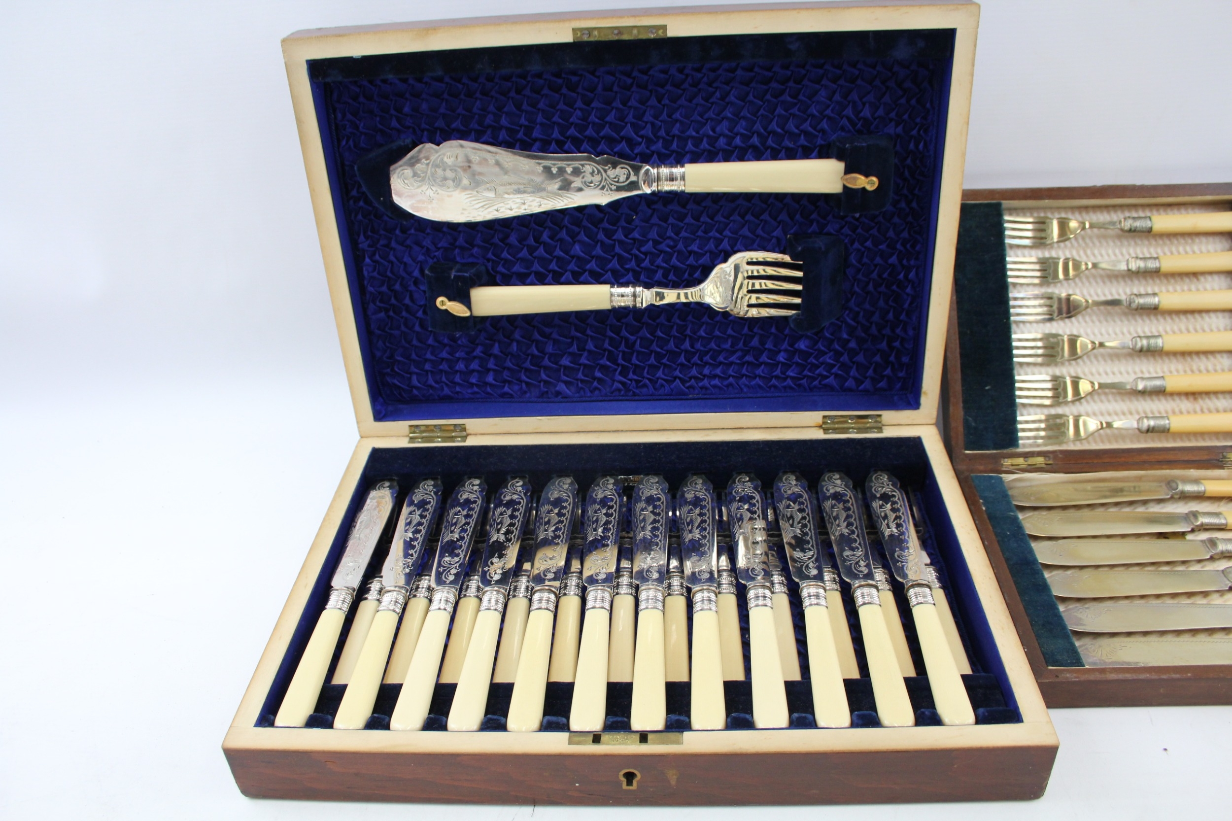 Vintage Cutlery Sets EPNS FishSets Ivorine Wooden Canteen w/ Fish Engraving x2 - Image 2 of 7