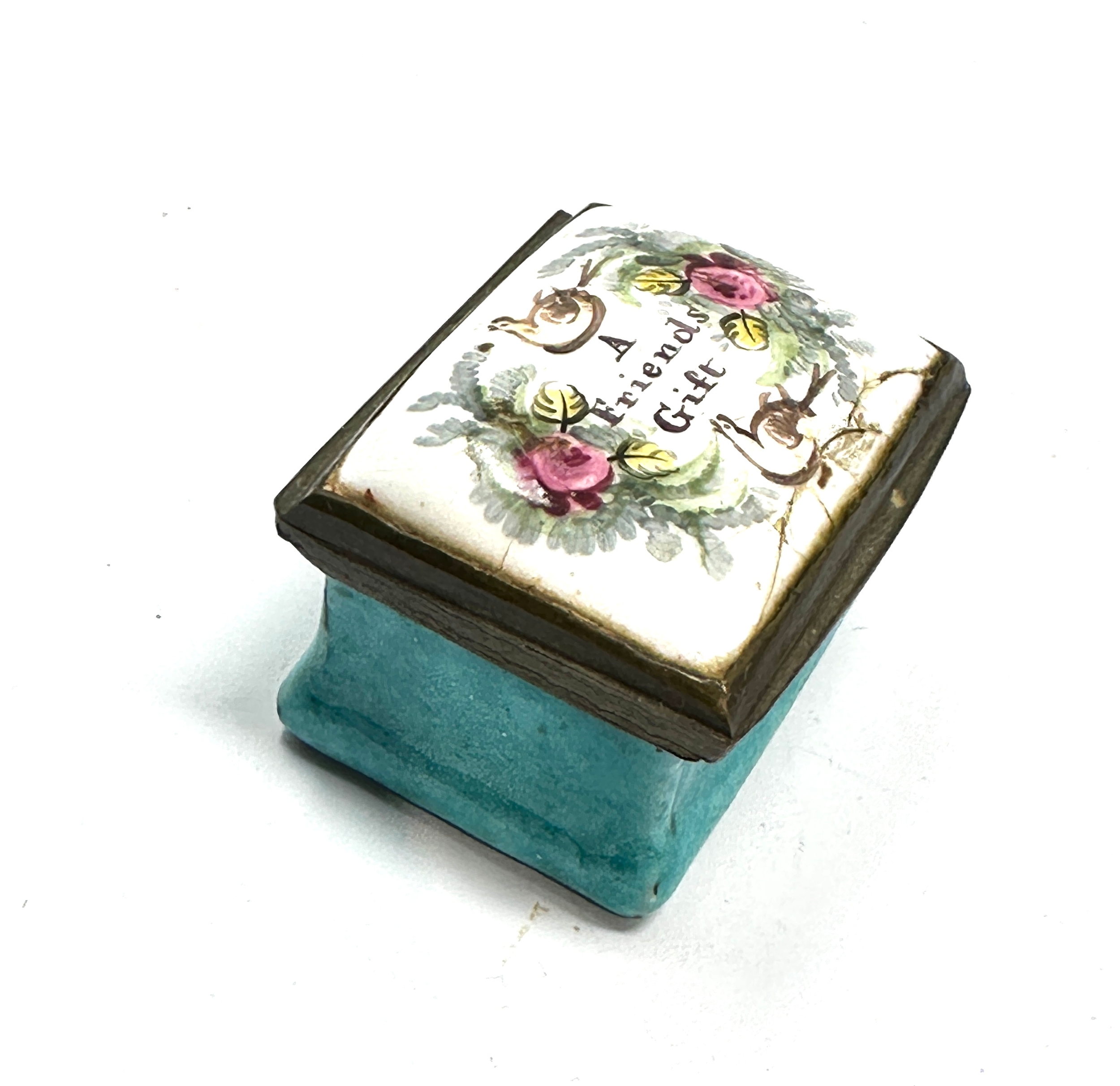 Antique A Friends Gift Bilston Enamel Trinket Box, Pill Box, Circa 1790 age related wear