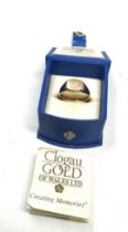 9ct Clogau Gold Signet Ring with Welsh Dragon Motif original box and leaflet weight 6.4g
