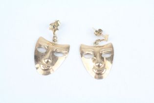 9ct gold greek thearture mask drop earrings with scroll backs