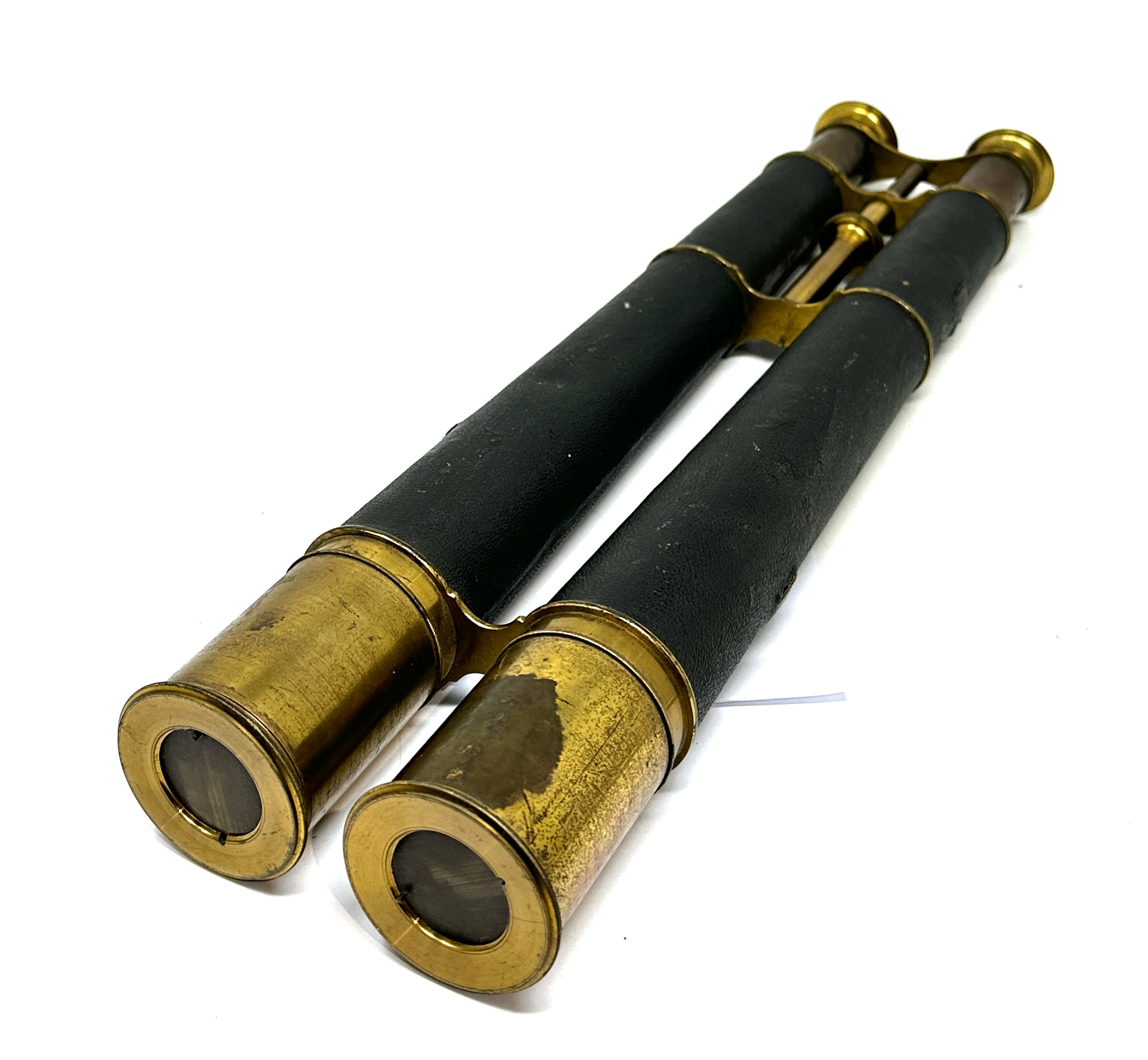 Large antique brass & leather binoculars measure approx 45cm long - Image 3 of 5