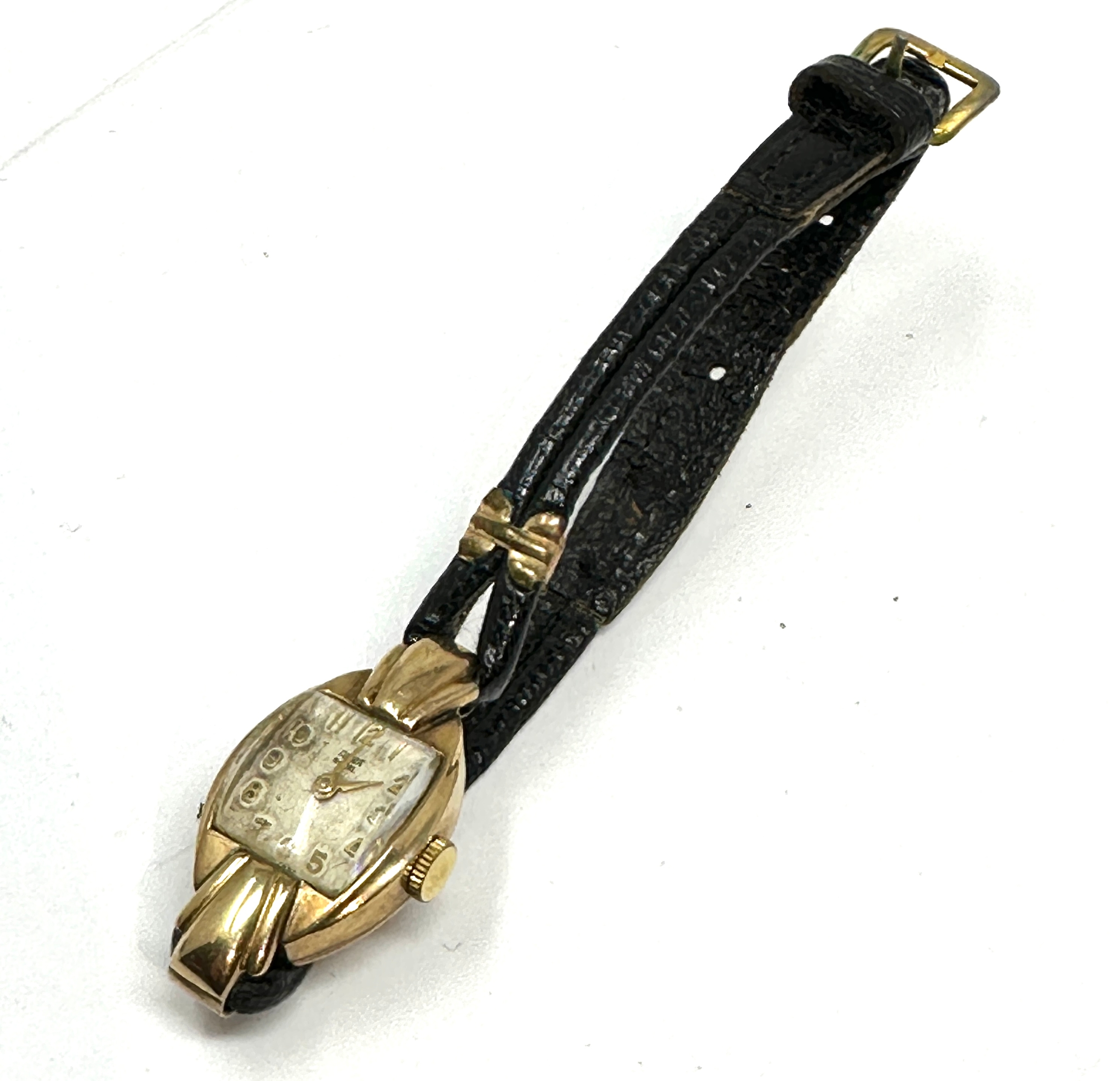Vintage 9ct gold ladies rolex tudor wristwatch with black leather strap the watch winds and ticks - Image 4 of 4