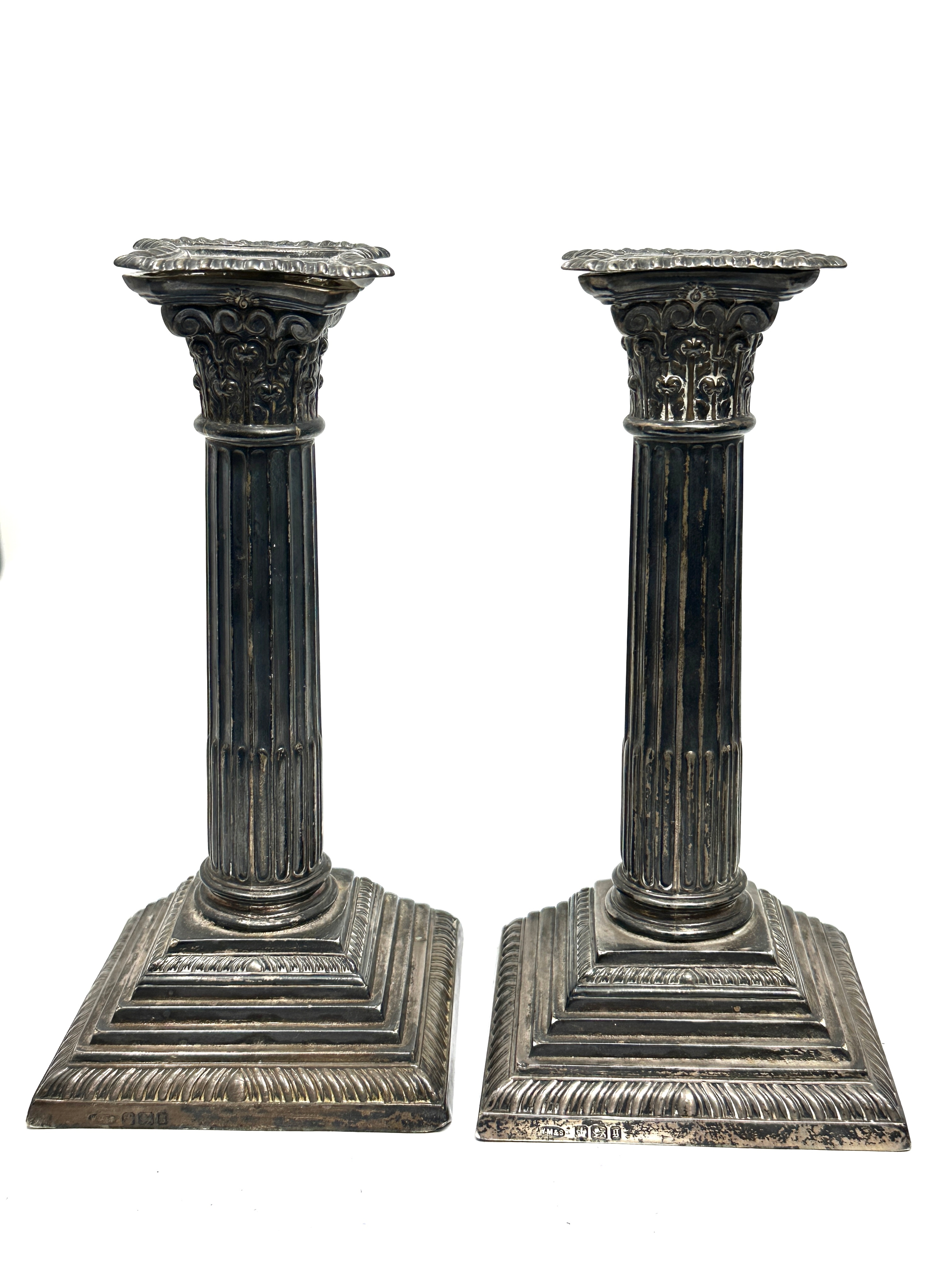 Pair of victorian silver corinthian column candlesticks sheffield silver hallmarks measure approx - Image 2 of 4