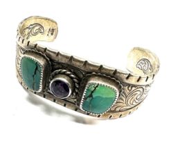 Vintage silver turquoise and amethyst signed navajo bangle weight 65g