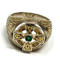 silver Bishop's ring celtic design set with emerald weight 16g