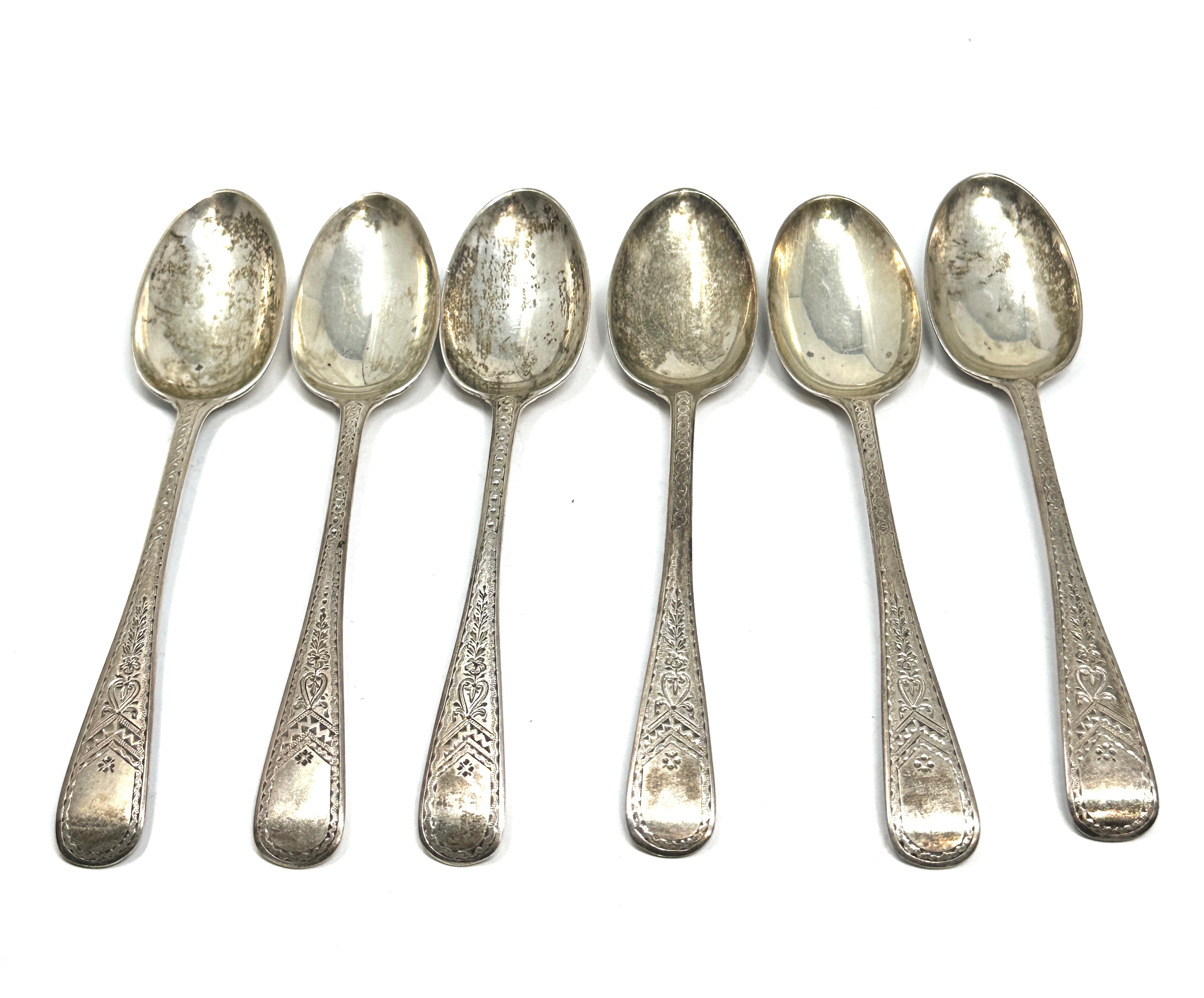 6 Antique bright cut silver tea spoons london silver hallmarks weight 110g