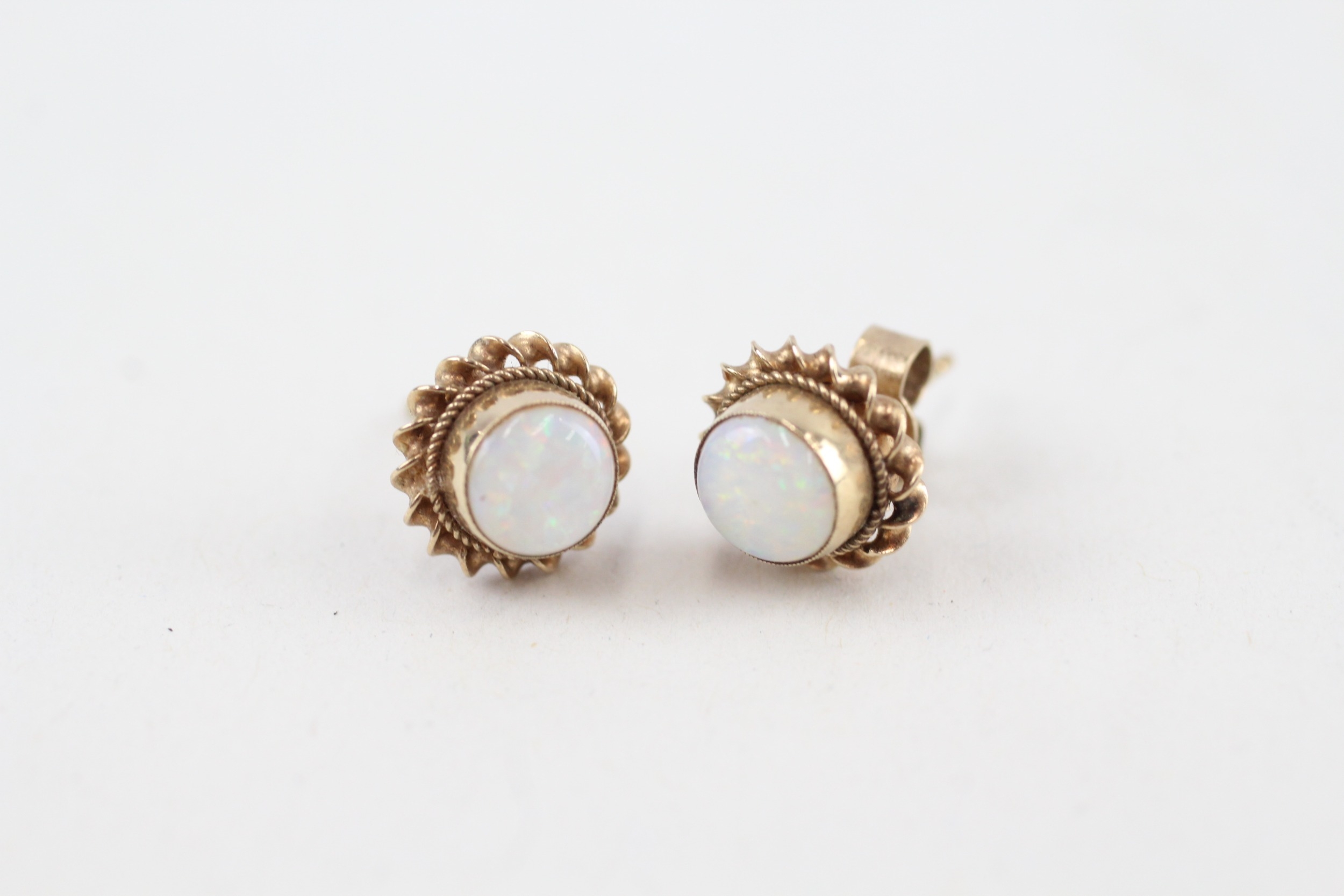 9ct gold opal stud earrings with scroll backs (1.3g)