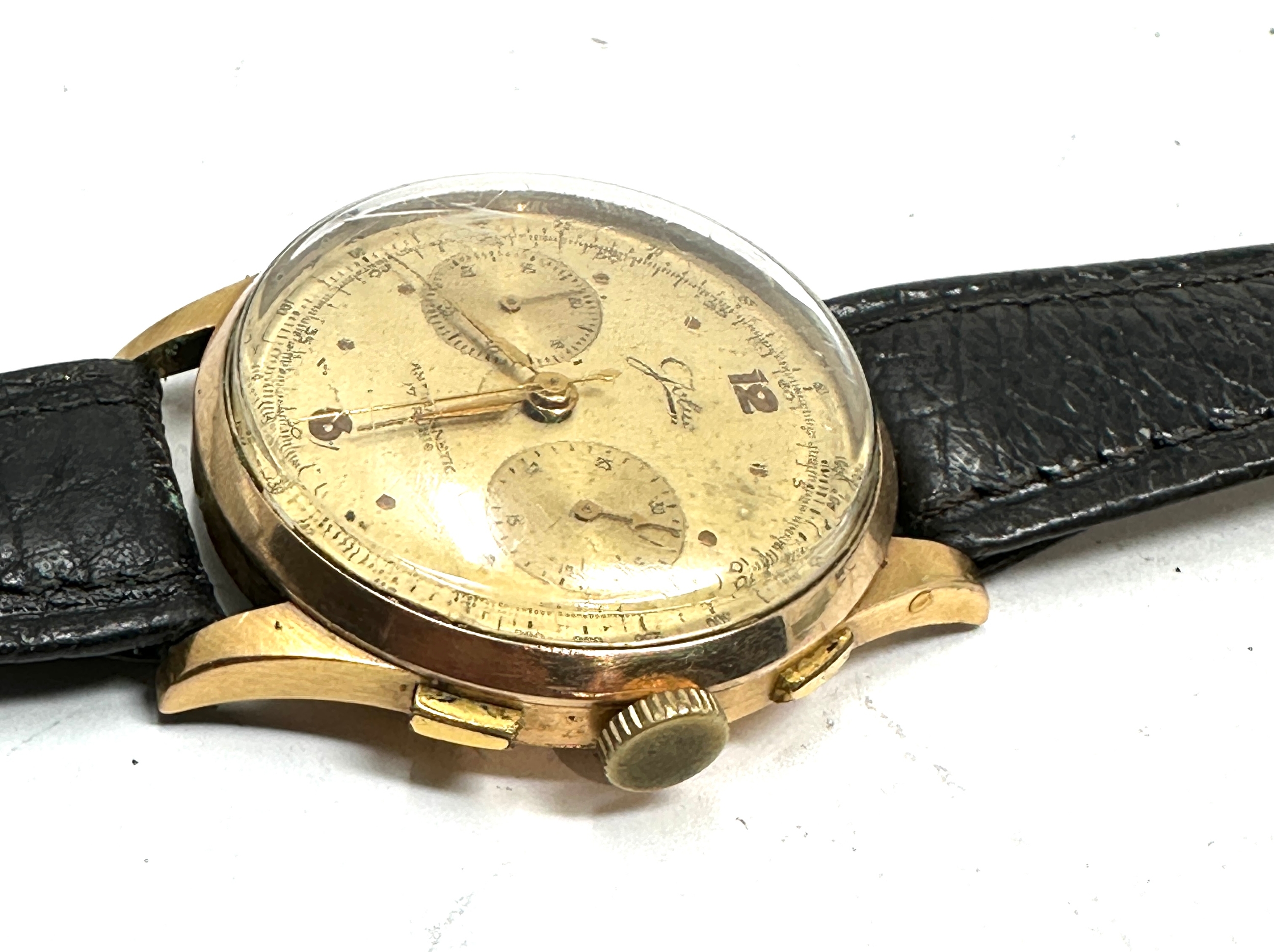 vintage 18ct gold chronograph jolus gents wristwatch the watch is ticking centre second hand in - Image 2 of 4