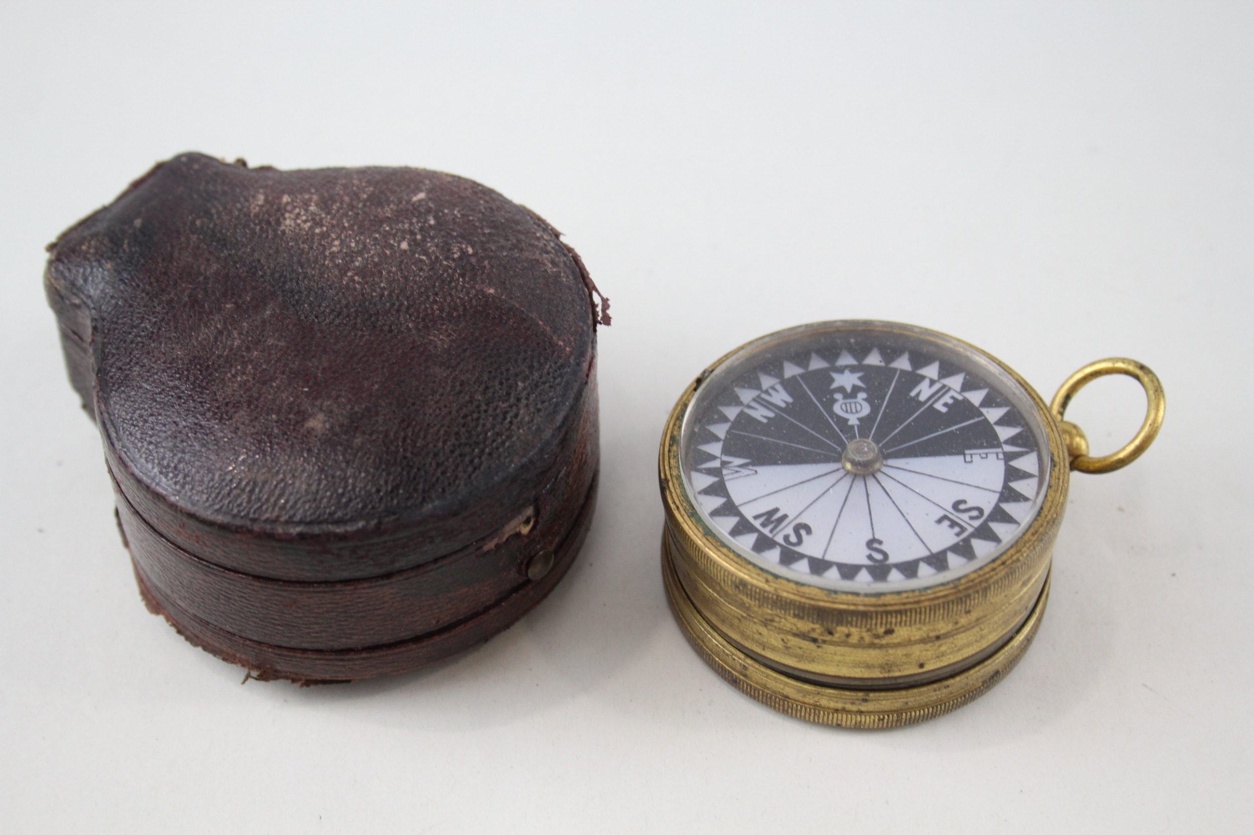 Antique Leather Cased Pocket Compass Barometer