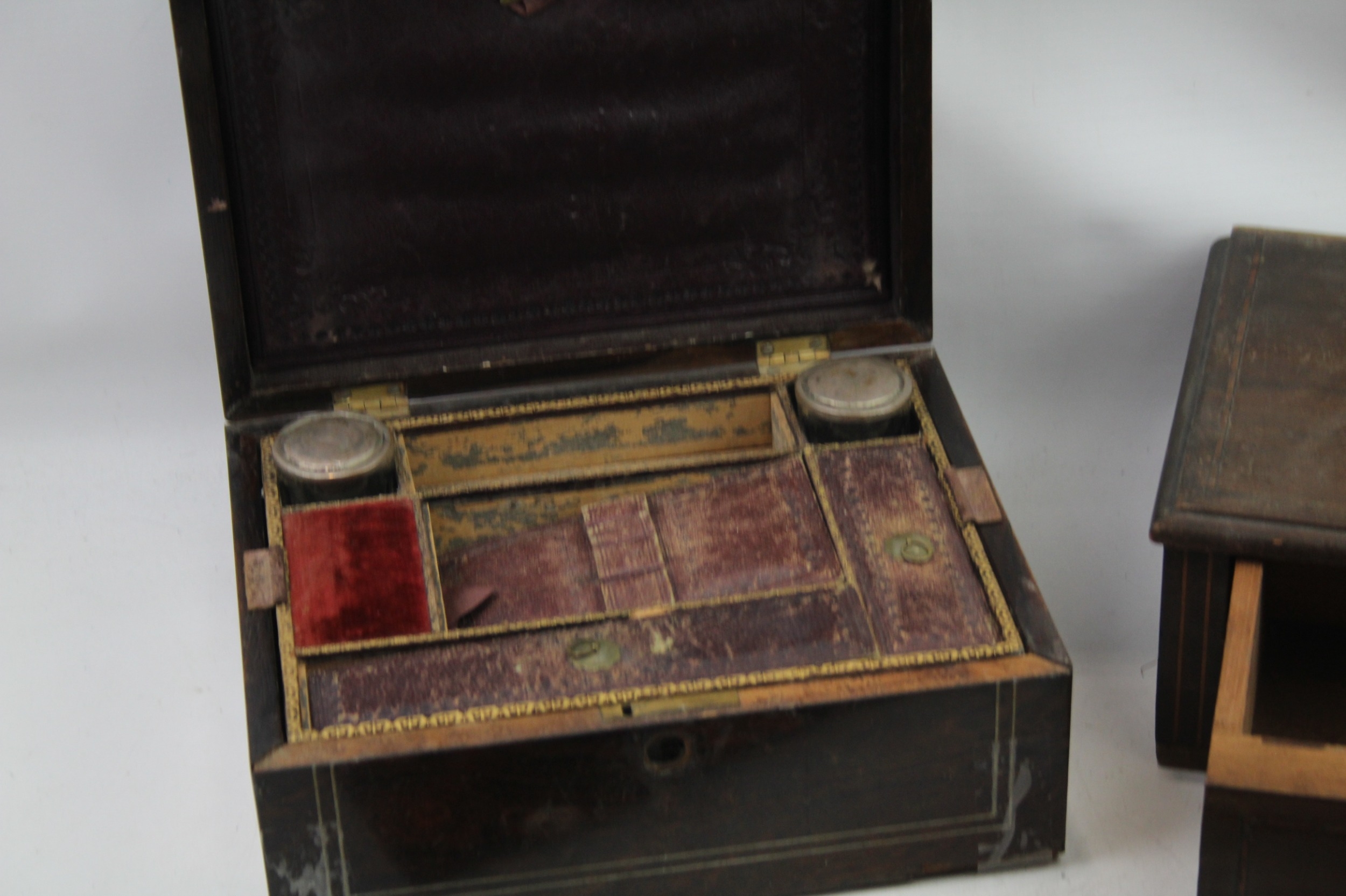 Wooden Box Job Lot Antique Writing Boxes Inlay Gilt Leather For Restoration x 3 - Bild 2 aus 8