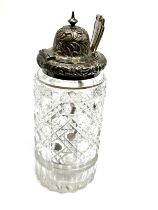 Victorian cut glass cruet bottle with a silver lid and victorian silver spoon , cruet bottle