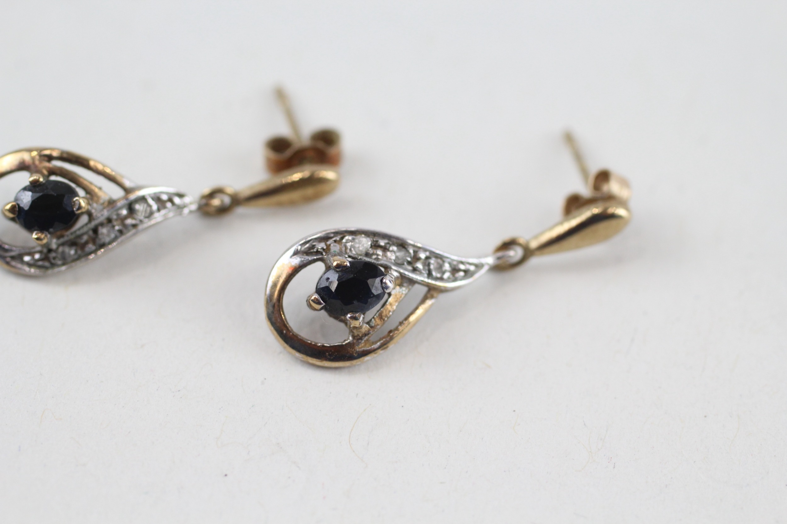 9ct gold sapphire & diamond drop earrings (1.4g) - Image 3 of 3