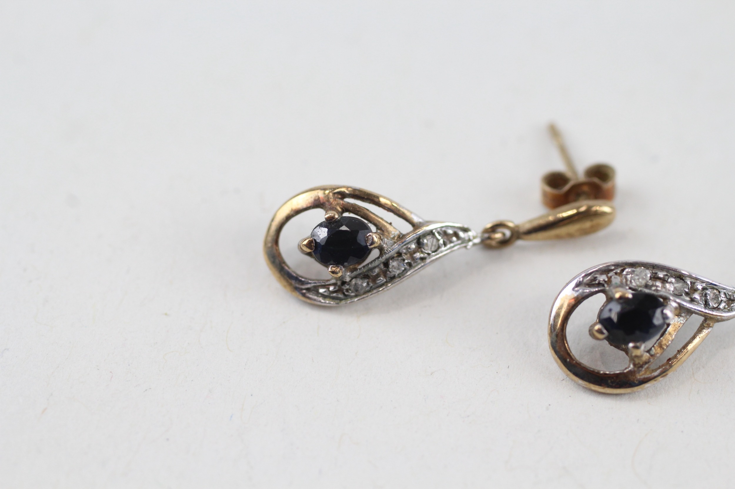 9ct gold sapphire & diamond drop earrings (1.4g) - Image 2 of 3