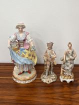 Three antique hard paste porcelain figures Dresden & Volkstedt marks one unmarked tallest approx