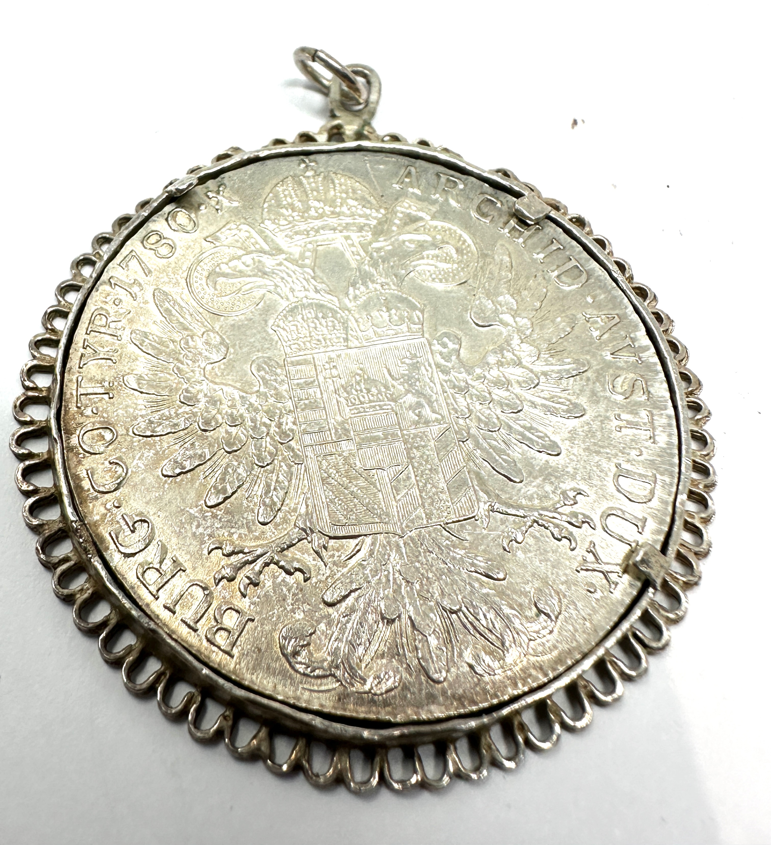 silver M Theresiad silver coin in silver frame pendant mount weight 34g - Image 2 of 2