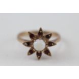 9ct gold vintage opal & garnet paste floral dress ring (2.4g)