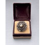 Antique white & yellow metal ring set with rose cut diamonds & pearl uk size K measures approx 1.9cm