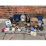 Large selection of various silver plate & other metal ware to include tea set cutlery coasters cruet