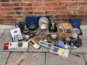Large selection of various silver plate & other metal ware to include tea set cutlery coasters cruet