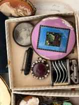 Costume jewellery & powder compacts to include coral necklace cameos etc