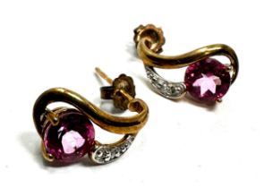 9ct gold pink tourmaline & diamond earrings weight 2g