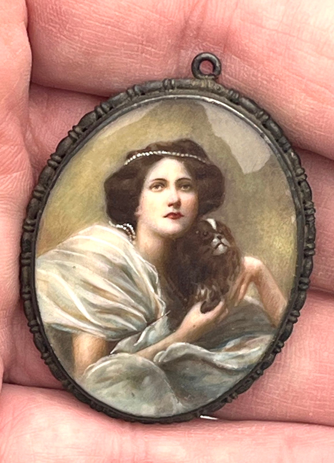 Fine antique portrait miniature painting of a lady with dog measures 3.6cm by 4.7cm - Image 2 of 3